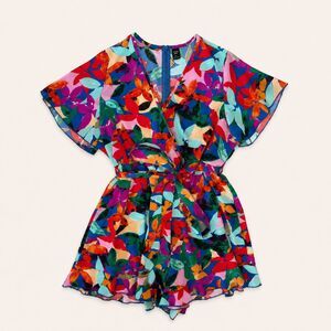 Colorful Tropical Floral Wrap Romper Kimono Sleeve Resort Vacation Outfit